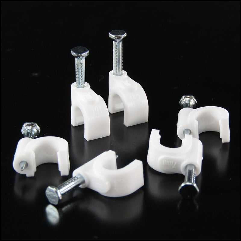 HS مشابك كابل إيثرنت Cat6 7 مم مع مسمار فولاذي (عبوة 200)، مشابك سلكية بيضاء للجدران، إدارة الكابلات - Image 1